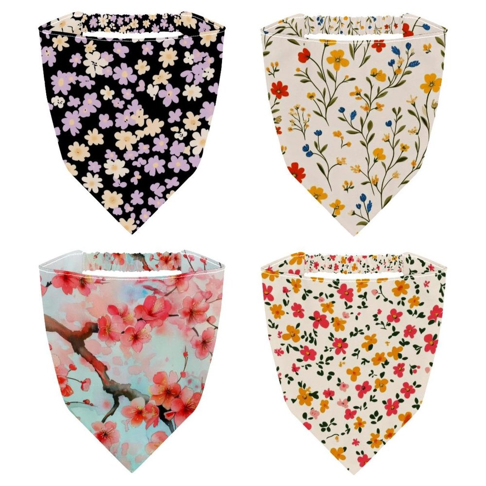 RODAILYCAY 4 Piece Hair Scarfs, Elastic Hair Scarf Headband, Triangle Kerchief, Pink Beautiful Blossom Cherry Flower Blue Background Head Hairband Bandanas
