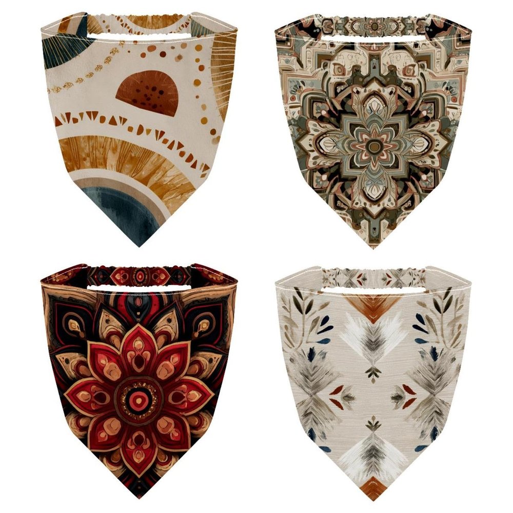 RODAILYCAY 4 PCS Hair Scarf Headband for Women Girls Non Slip Head Covers Red and Beige Ethnic Pattern Elastic Triangle Head Scarf Bandana
