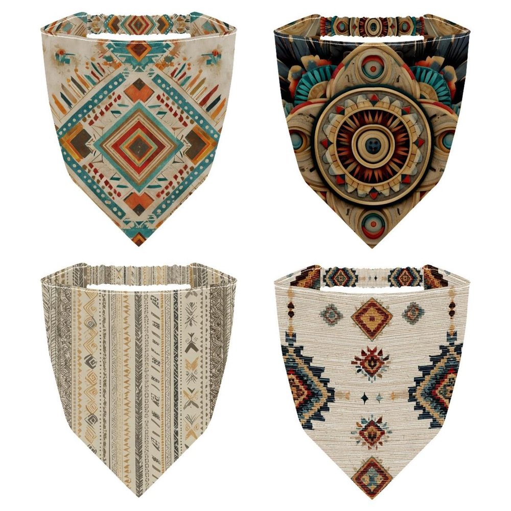 RODAILYCAY 4 PCS Hair Scarfs Headband, Triangle Head Scarves, Beige Ethnic Pattern Non Slip Hair Bandanas, Head Kerchief for Women Girls