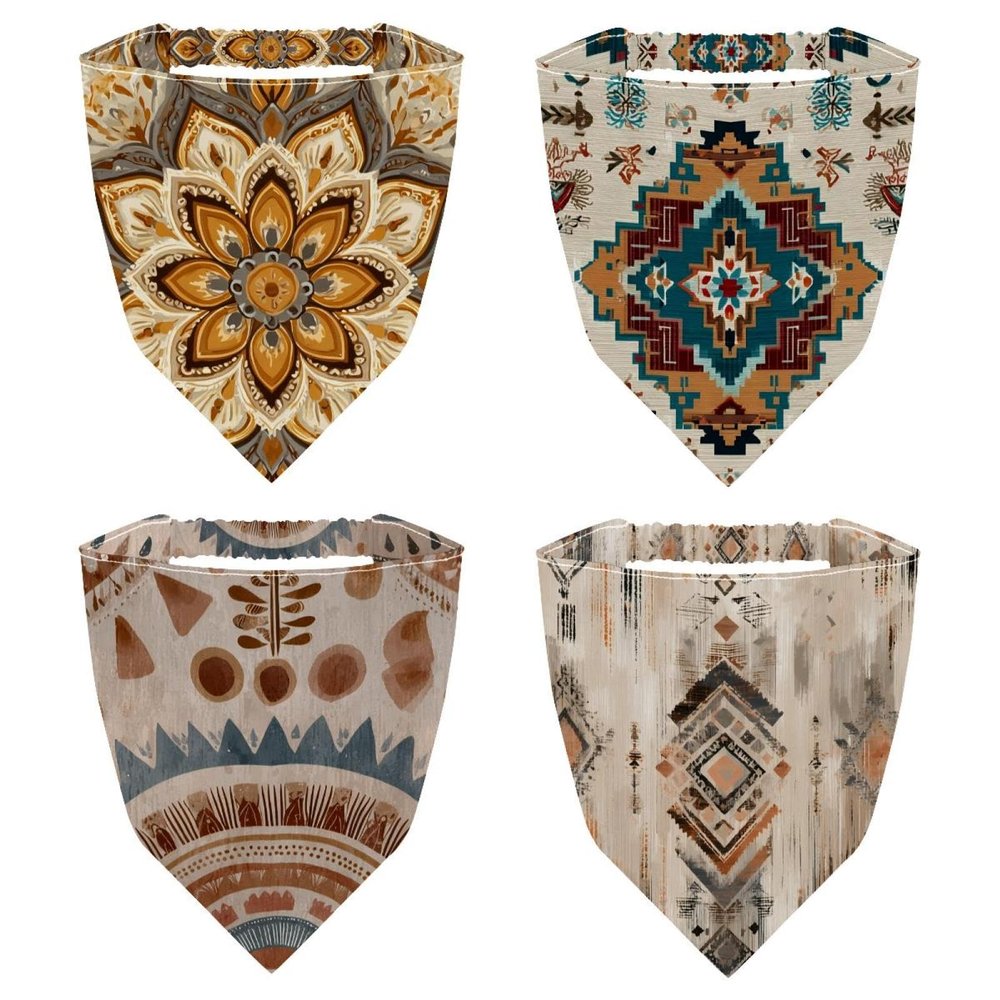 RODAILYCAY 4 PCS Hair Scarfs, Elastic Hair Scarf Headband, Retro Abstract Ethnic Pattern Triangle Kerchief, Head Hairband Bandanas