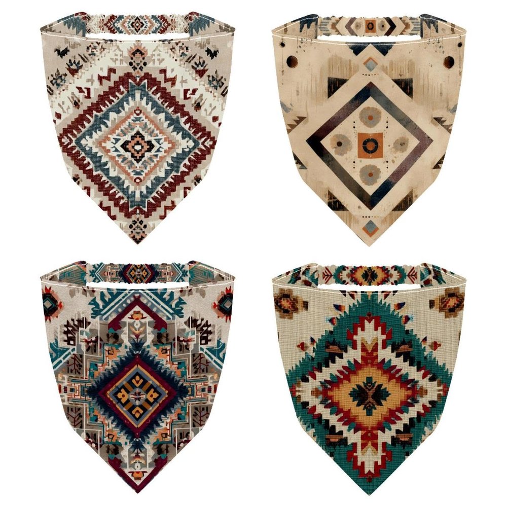 RODAILYCAY Art Retro Ethnic Pattern 4 PCS Hair Scarfs, Elastic Hair Scarf Headband, Triangle Kerchief, Head Hairband Bandanas