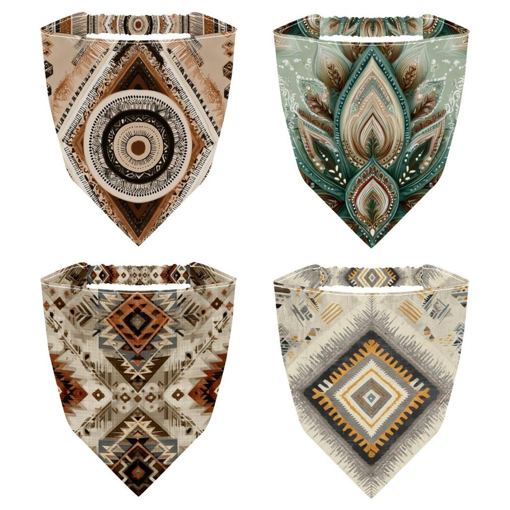 RODAILYCAY 4 PCS Triangle Head Scarf, Chiffon Hair Kerchief, Abstract Ethnic Pattern Elastic Hair Scarf Bandanas for Women Girls