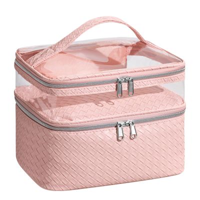 JRQCSJY Large Makeup Bag with Brush Storage, Double Layer Cosmetic Bags for Women Girls, Waterproof Leather Toiletry Bag for Women, Travel Makeup Bag Skincare Bag with Zipper & Portable Handle