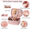 JRQCSJY Large Makeup Bag with Brush Storage, Double Layer Cosmetic Bags for Women Girls, Waterproof Leather Toiletry Bag for Women, Travel Makeup Bag Skincare Bag with Zipper & Portable Handle view 3