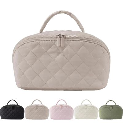 2026 New Petition Makeup Bag for Woman, Waterproof Cosmetic Organizer Wide-open Pouch Purse,Puffy Padded Organizer for Toiletries & Brushes Large Capacity with Compartments (Khaki)