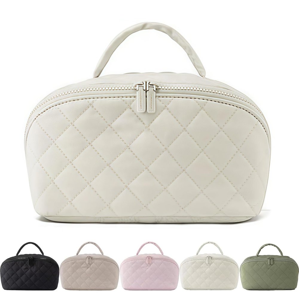 2026 New Petition Makeup Bag for Woman, Waterproof Cosmetic Organizer Wide-open Pouch Purse,Puffy Padded Organizer for Toiletries & Brushes Large Capacity with Compartments (white)
