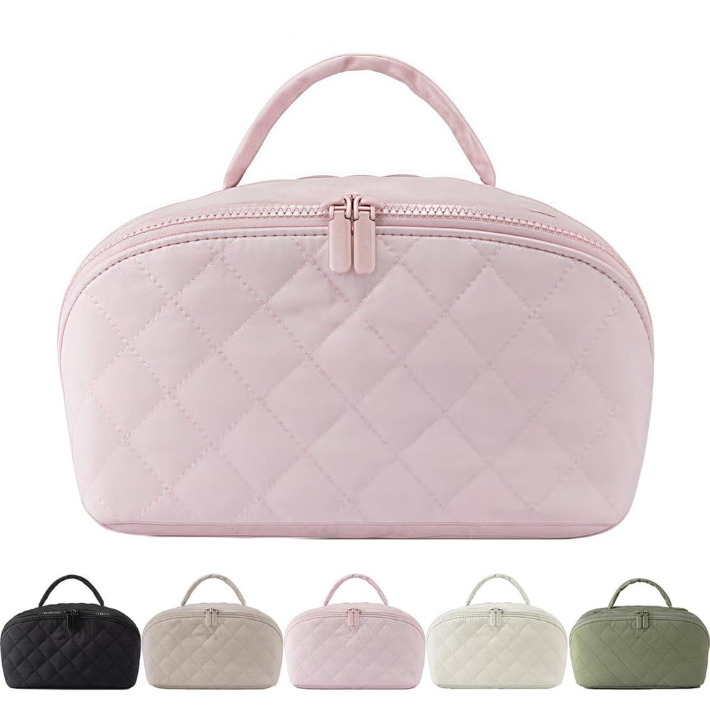 2026 New Petition Makeup Bag for Woman, Waterproof Cosmetic Organizer Wide-open Pouch Purse,Puffy Padded Organizer for Toiletries & Brushes Large Capacity with Compartments (pink)