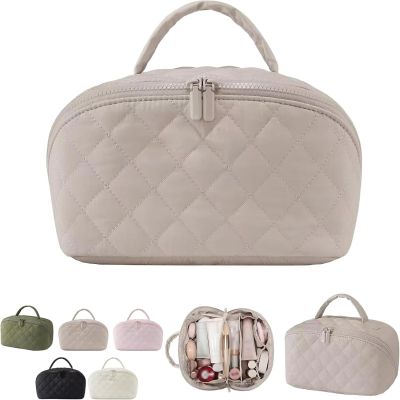 2026 New Travel Makeup Bag -180 Lay-Flat Design, Triple-Proof InteriorLarge Capacity Makeup Organizer Pouch Open Flat Toiletry Bag, Portable Puffer Cosmetic Bags for Toiletries (Khaki)