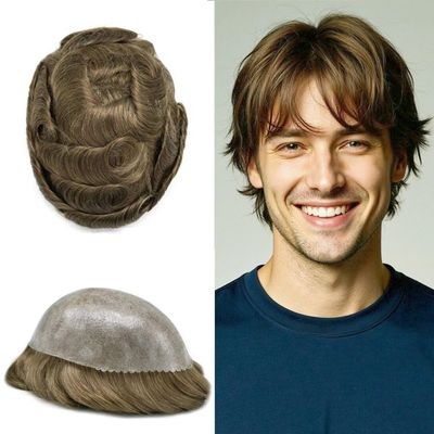 FNY HAIR Toupee For Men Real Human Hair Replacement System Full Poly Mens Toupee 0.10mm Thin PU Injection Durable Mens Hair Piece Prosthesis Wig 6"X8" #1820 Medium Blonde Mixed 20% Grey