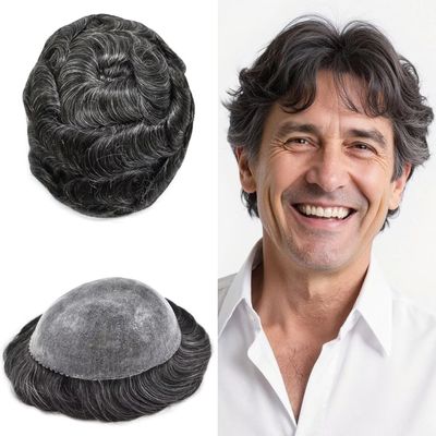 FNY HAIR Toupee For Men Real Human Hair Replacement System Full Poly Mens Toupee 0.10mm Thin PU Injection Durable Mens Hair Piece Prosthesis Wig 7"X9" #230 Darkest Brown Mixed 30% Grey