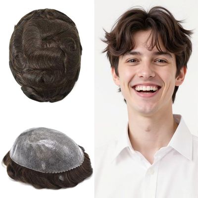 FNY HAIR Toupee For Men Real Human Hair Replacement System Full Poly Mens Toupee 0.10mm Thin PU Injection Durable Mens Hair Piece Prosthesis Wig 6"X9" #3 Dark Brown
