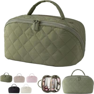2026 New Travel Makeup Bag -180 Lay-Flat Design, Triple-Proof InteriorLarge Capacity Makeup Organizer Pouch Open Flat Toiletry Bag, Portable Puffer Cosmetic Bags for Toiletries (Avocado green)