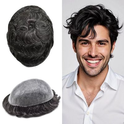 FNY HAIR Toupee For Men Real Human Hair Replacement System Full Poly Mens Toupee 0.10mm Thin PU Injection Durable Mens Hair Piece Prosthesis Wig 8"X10" #1B20 Off Black Mixed 20% Grey