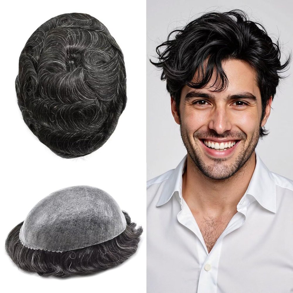 FNY HAIR Toupee For Men Real Human Hair Replacement System Full Poly Mens Toupee 0.10mm Thin PU Injection Durable Mens Hair Piece Prosthesis Wig 8"X10" #1B20 Off Black Mixed 20% Grey