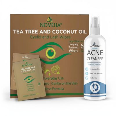 NOVEHA 1 Tea Tree & Coconut Eyelid&Lash Wipes + 1 Facial Cleanser Spray | Complete Sensitive Eye & Skin Care Duo