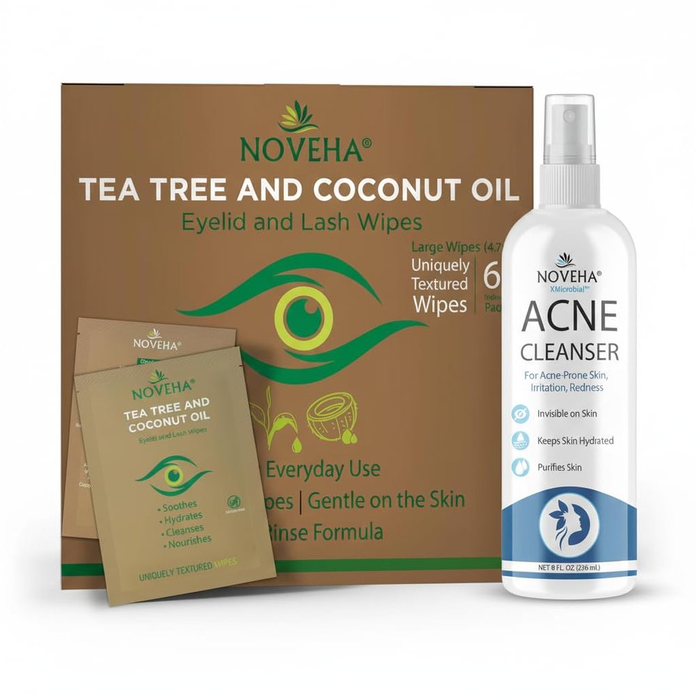 NOVEHA 1 Tea Tree & Coconut Eyelid&Lash Wipes + 1 Facial Cleanser Spray | Complete Sensitive Eye & Skin Care Duo