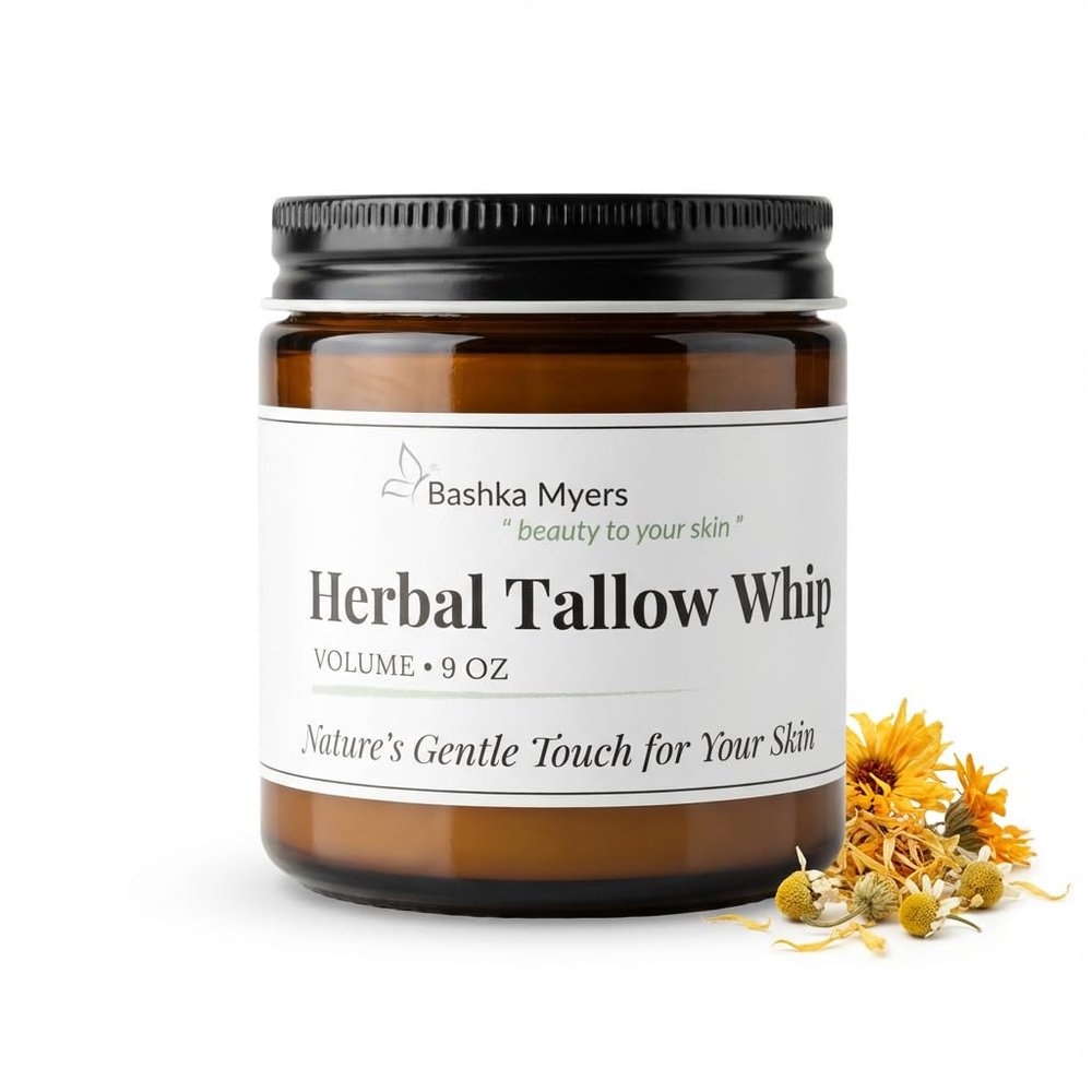 Bashka Myers 9 oz Herbal Tallow Whipped Balm | Grass-Fed & Grass-Finished | Organic Calendula, Chamomile & Gotu Kola Infused | Unscented Nourishing Moisturizer