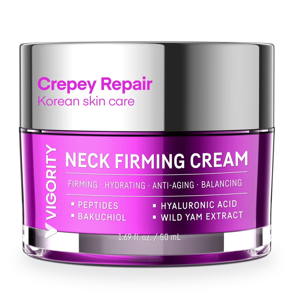 Vigority Korean Neck Firming Cream with Centella Asiatica, Peptides & Bakuchiol Formula for Neck & Dcollet, Crepey Skin, Wrinkles & Dryness - 1.69 fl oz