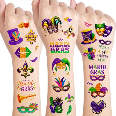 Konsait Mardi Gras Temporary Tattoos, 99+ PCS Fake Tattoos Body Makeup Tattoo with Mask Crown Hat for Masquerade Party Favors Mardi Gras Accessories 10 Sheets