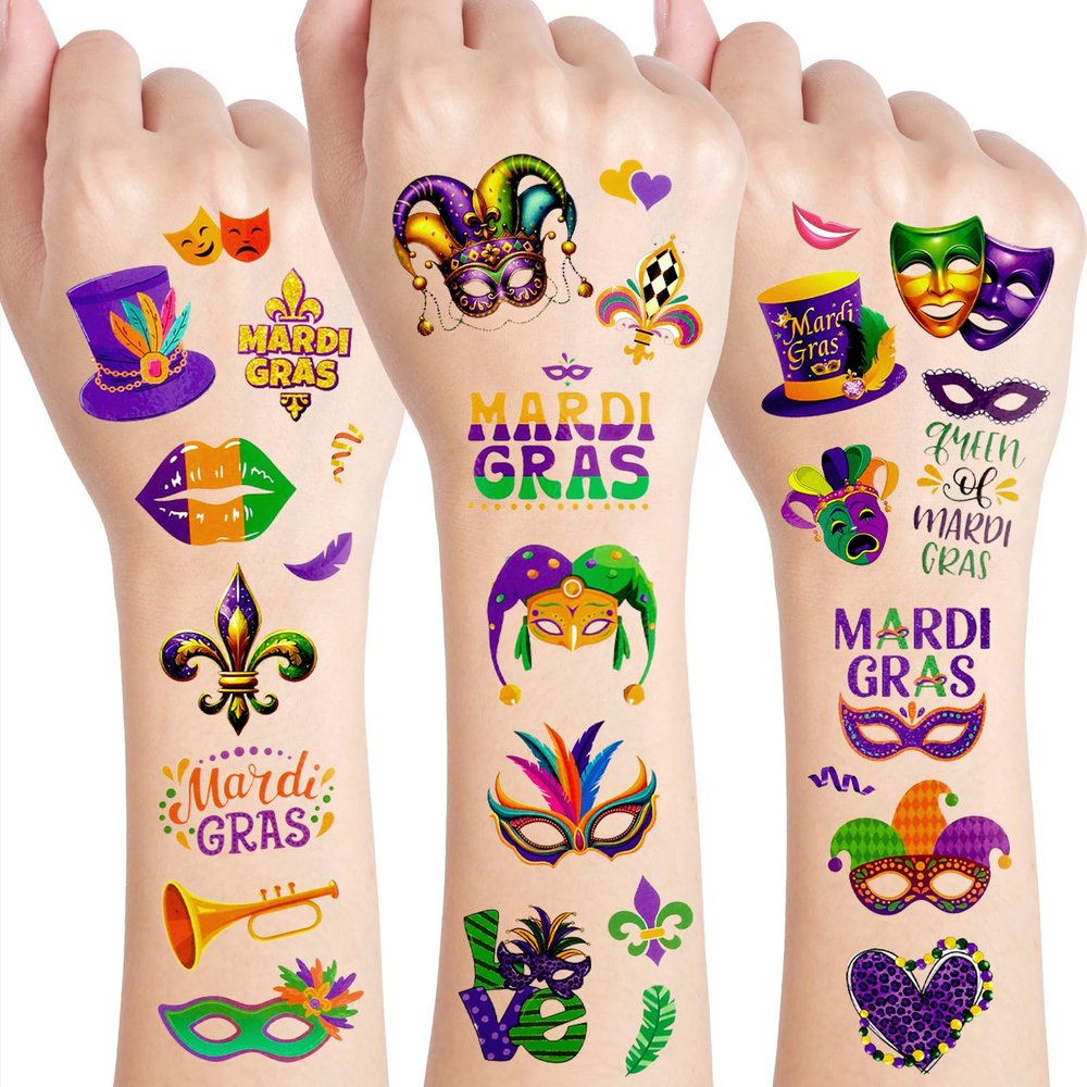 Konsait Mardi Gras Temporary Tattoos, 99+ PCS Fake Tattoos Body Makeup Tattoo with Mask Crown Hat for Masquerade Party Favors Mardi Gras Accessories 10 Sheets