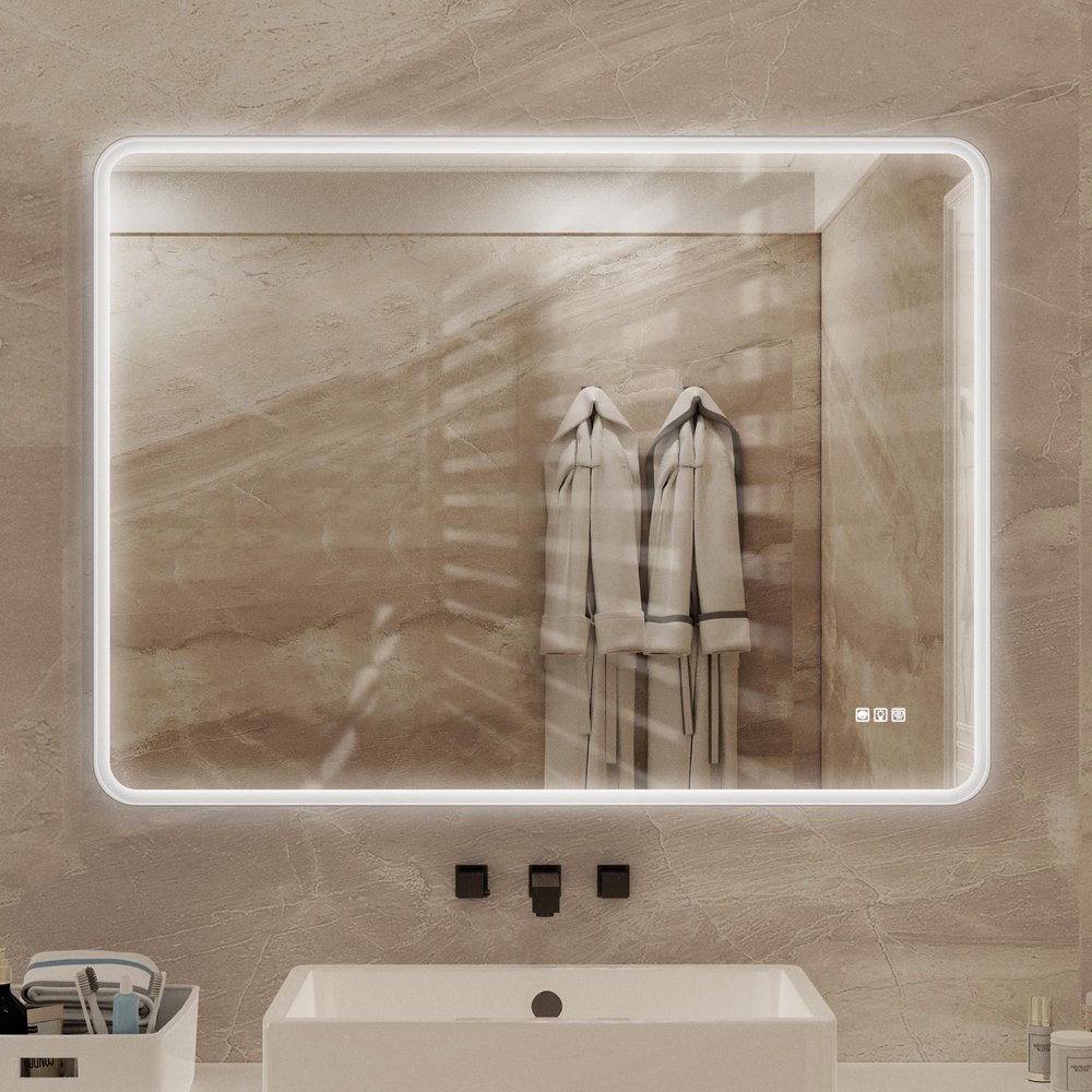48x36 Framed Dimmable Anti-Fog LED Bathroom Vanity Mirror with 3000+ Lumens, White Iron Frame & Stepless Color Temperature Adjustment for Shaving/Makeup