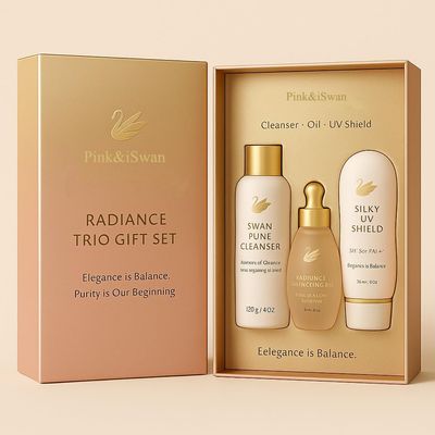 Pink&iSwan Radiance Trio Gift Set with Pure Cleanser, Balancing Oil, UV Shield SPF 50+, Luxury Skincare Collection, 3-Piece