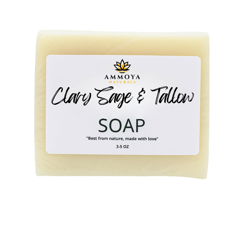 Ammoya Naturals Handcrafted Tallow & Goat Milk Soap Bar Gentle Cleansing Bar for Face & Body Natural Essential Oil Variations Moisturizing, Creamy Lather, For All Skin Types (Clary Sage)