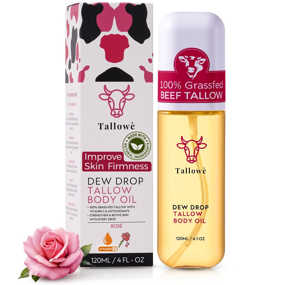 Tallow Dew Drop Tallow Body Oil Lightweight Body Firming Oil with 100% Grass-Fed Beef Tallow for Skin, Vitamin C, Rose extract & Macadamia, Radiant Hydration, 4 fl oz