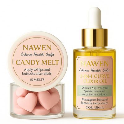 Booty Enhancement Bundle 3-in-1 Curve Elixir Oil (2 oz) + Candy Melt (15 Melts) | Herbal Butt Plumping & Smoothing Duo | Apply Daily for Fuller, Sculpted Curves