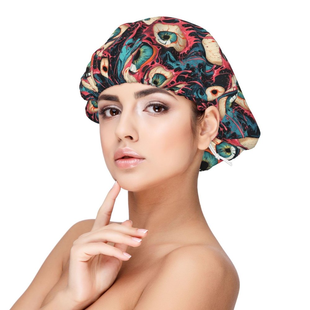 Abstract Eyeball Art Print Satin Silk Bonnet for Sleeping Women, Adjustable Double Layer Satin Hair Bonnet for Curly Hair Night Sleep Cap Women