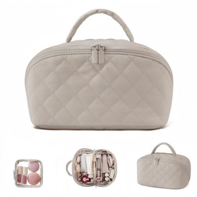 2026 New Travel Makeup Bag for Women,180 Wide Open Lay-Flat Cosmetic Case,With Handle, Inside The Separator Iayer,Ideal for Travel & Daily Use (khaki)
