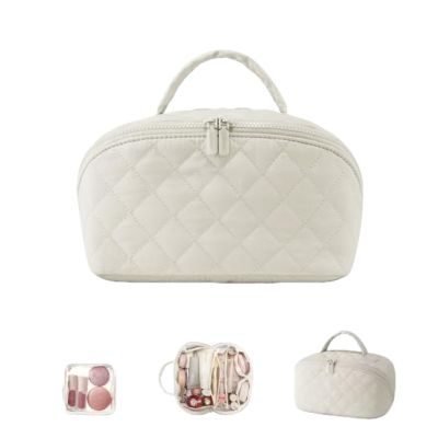 2026 New Travel Makeup Bag for Women,180 Wide Open Lay-Flat Cosmetic Case,With Handle, Inside The Separator Iayer,Ideal for Travel & Daily Use (White)