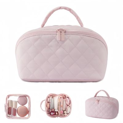 2026 New Travel Makeup Bag for Women,180 Wide Open Lay-Flat Cosmetic Case,With Handle, Inside The Separator Iayer,Ideal for Travel & Daily Use (pink)