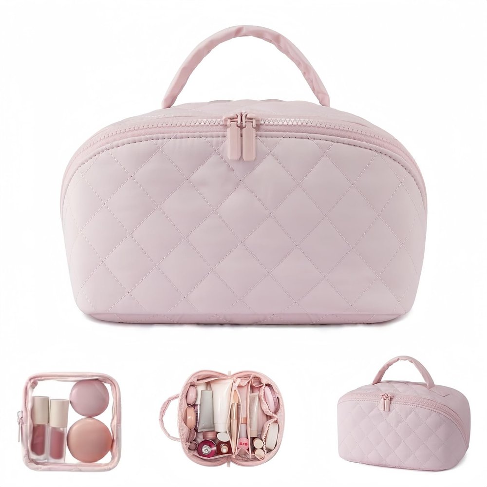2026 New Travel Makeup Bag for Women,180 Wide Open Lay-Flat Cosmetic Case,With Handle, Inside The Separator Iayer,Ideal for Travel & Daily Use (pink)