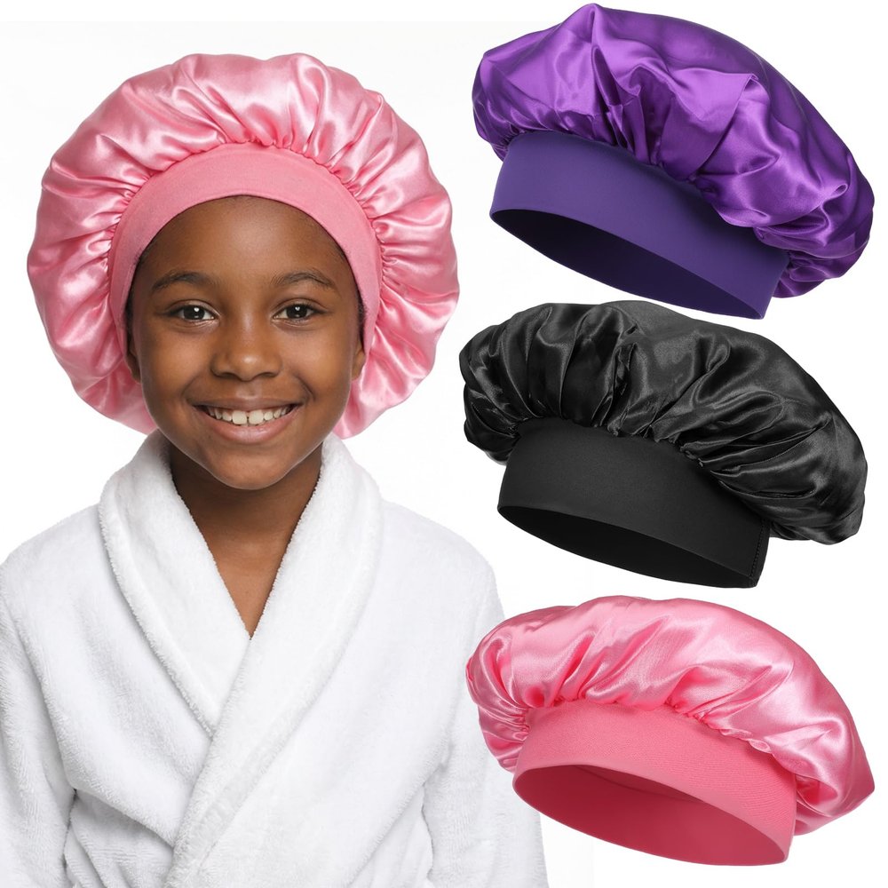 3 PCS Silk Bonnet for Kids, Elastic Kids Bonnet for Sleeping with Wide Band, Kid Silk Bonnets for Girls, Satin Toddler Bonnets for Boys, Girls, Child, Toddler(Purple, Black, Pink)