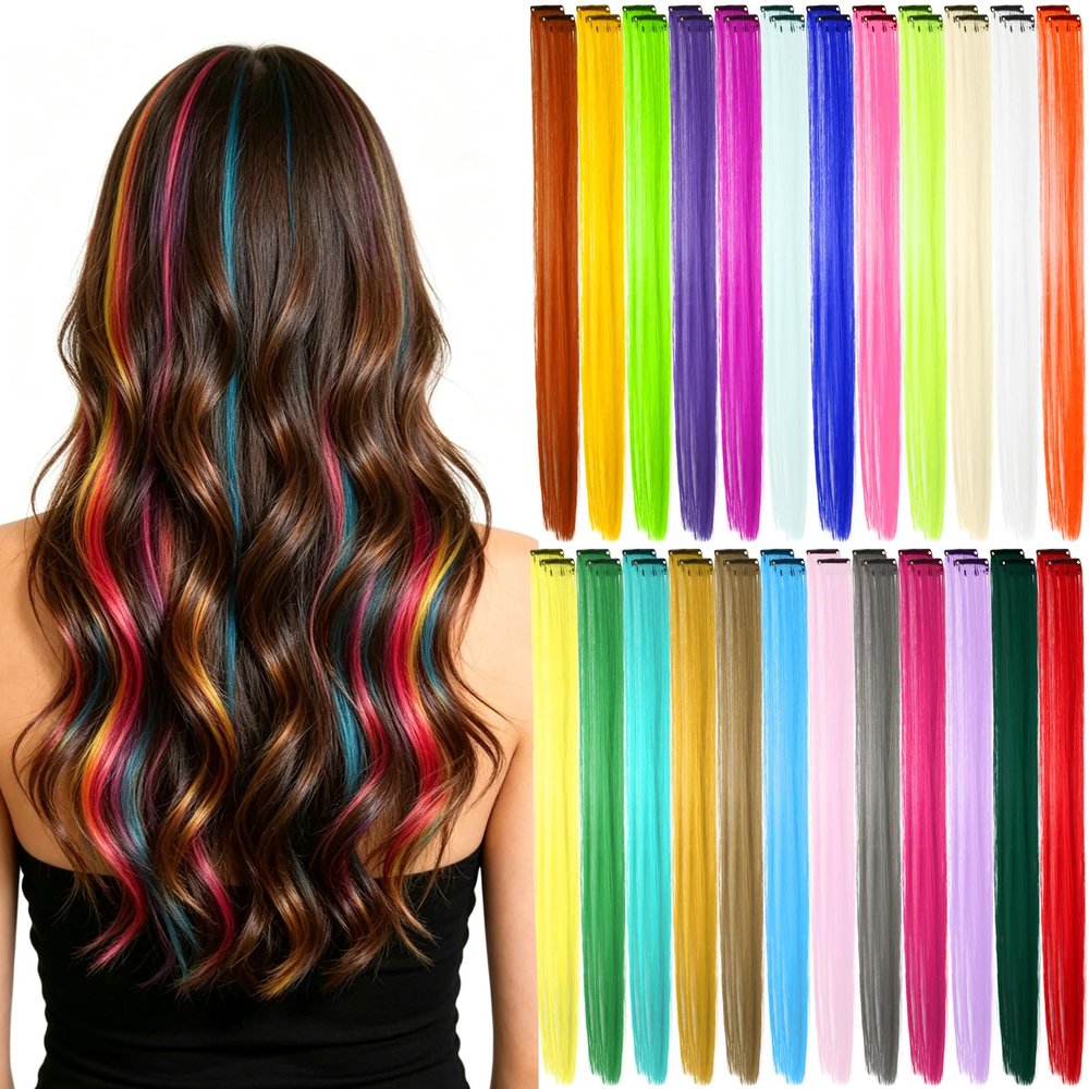 ddseexhe48 Pcs Clip In Colored Hair Extensions,Rainbow Synthetic Hairpieces