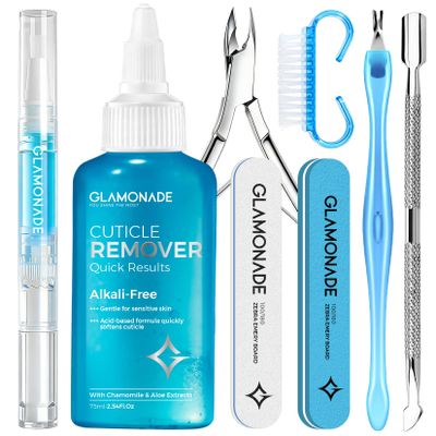 Glamonade Complete Cuticle Remover Kit Fast & Gentle Professional Cuticle Care Set w/Remover Gel & Oil Pen, Cuticle Nipper, 2 Pushers, Nail Brush, File & Buffer for Manicure Pedicure, DIY