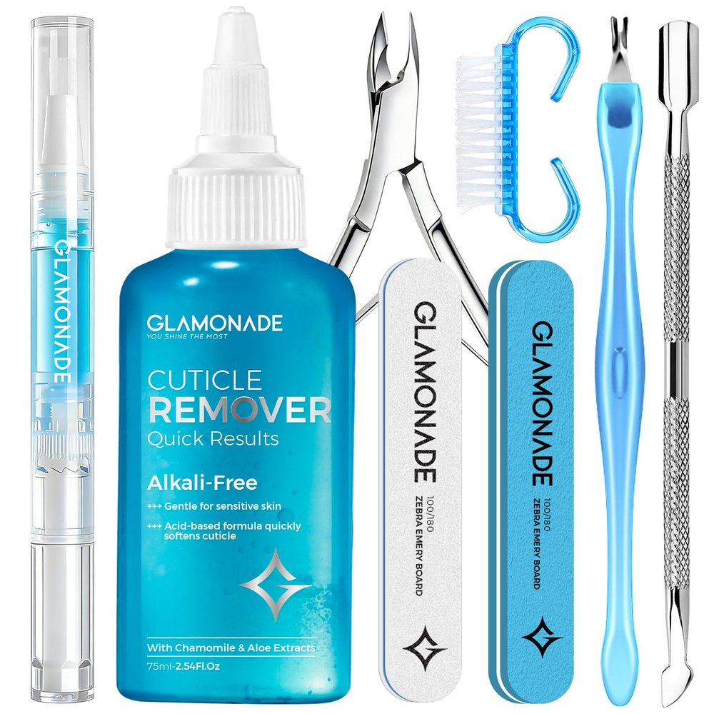 Glamonade Complete Cuticle Remover Kit Fast & Gentle Professional Cuticle Care Set w/Remover Gel & Oil Pen, Cuticle Nipper, 2 Pushers, Nail Brush, File & Buffer for Manicure Pedicure, DIY