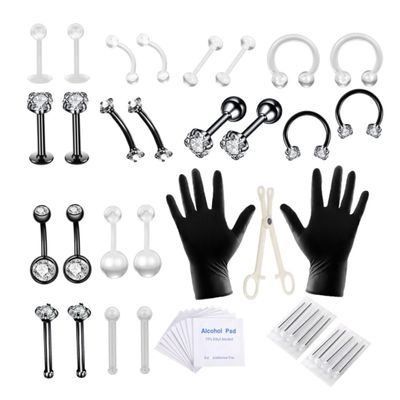 AZIDWERYQ Body Piercing Kit Stainless Steel Tongue Rings Belly Button Piercing Jewelry Black 47PCS