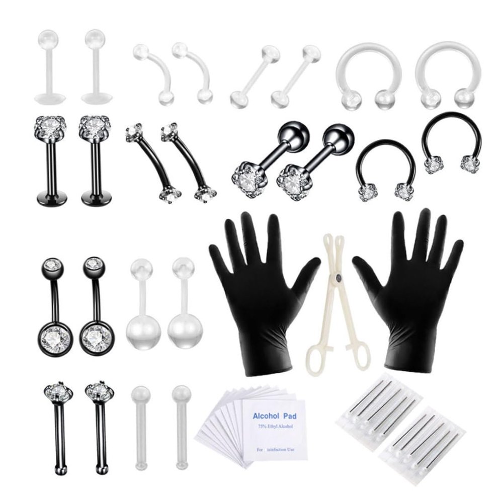 AZIDWERYQ Body Piercing Kit Stainless Steel Tongue Rings Belly Button Piercing Jewelry Black 47PCS