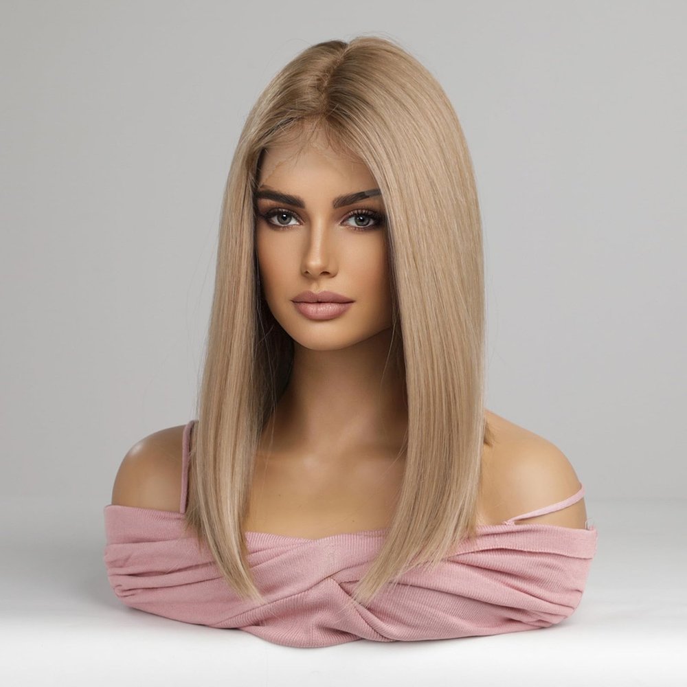 Gucagle Blonde Wigs for Women 13x6 Lace Front Shoulder Length Straight Heat Synthetic Wig Looking 18 Inch Golden Hair for Daily Special Occasions