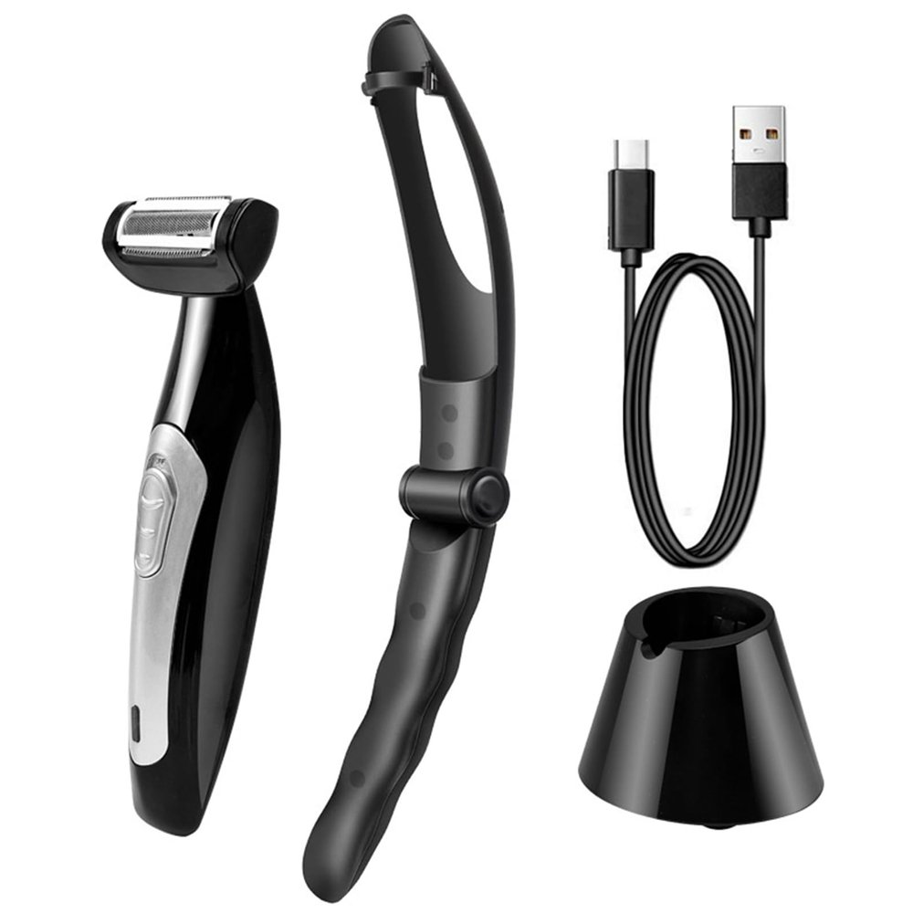 Gucagle Electric Back Hair Trimmer Powerful Men Full Body Hair Shaver Trimmer Detachable Foldable Handle Wet Dry Use Charging Dock Black 19cm