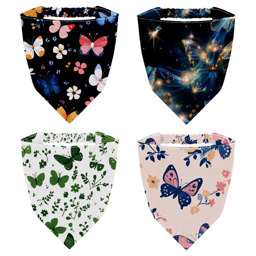 RODAILYCAY 4 PCS Triangle Head Scarf, Chiffon Hair Kerchief, Elastic Hair Scarf Bandanas for Women Girls, Green Butterfly and Flower Pattern