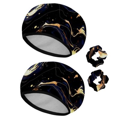 2 PCS Elastic Shower Cap Waterproof Reusable Hair Bath Cap for Women Ladies Girls, Black Marble Abstract Art