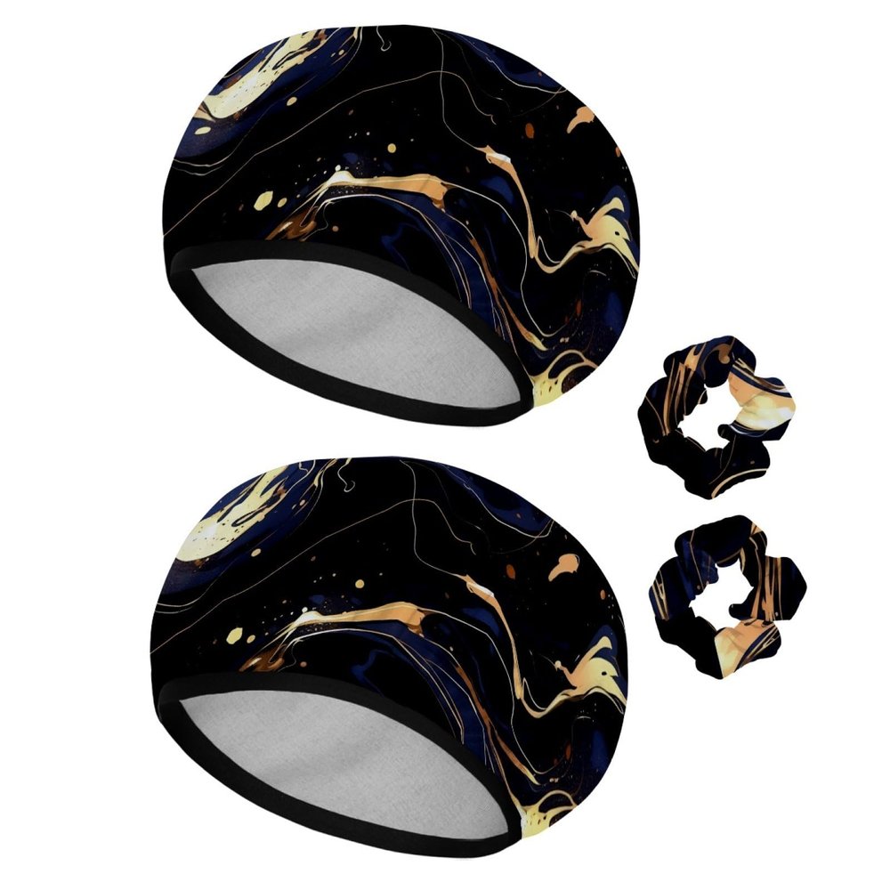 2 PCS Elastic Shower Cap Waterproof Reusable Hair Bath Cap for Women Ladies Girls, Black Marble Abstract Art