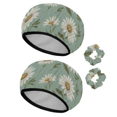 2 PCS Elastic Shower Cap Waterproof Reusable Hair Bath Cap for Women Ladies Girls, White Daisy Florals