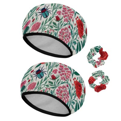2 PCS Elastic Shower Cap Waterproof Reusable Hair Bath Cap for Women Ladies Girls, Grass and Flowers