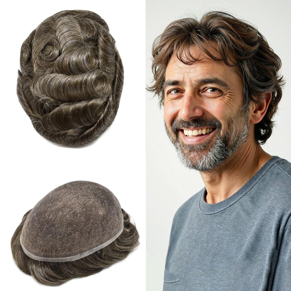 ApexToupees Toupee for Men Hair Systems Full French Lace Hairpiece for Mens Toupee Real Human Hair Replacement System Full Lace Mens Hairpieces 6X8-80% light density #440 Medium Brown+40% Gray