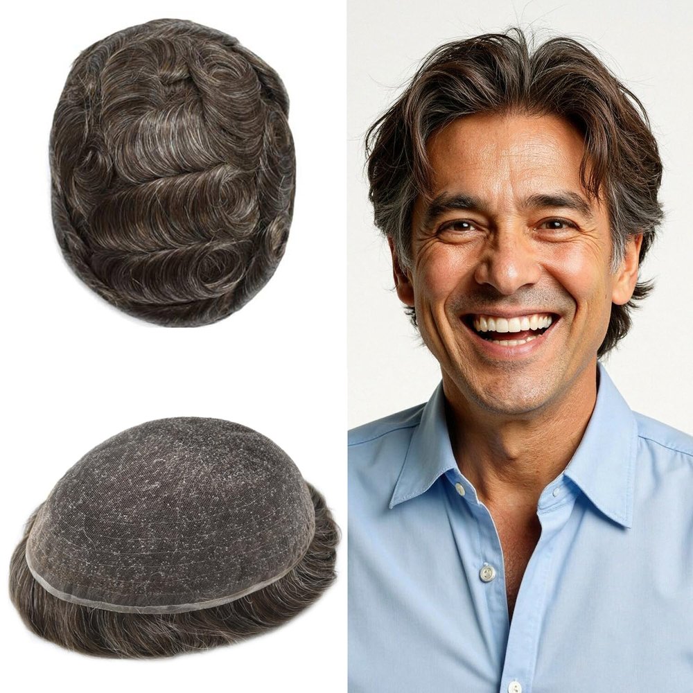 ApexToupees Toupee for Men Hair Systems Full French Lace Hairpiece for Mens Toupee Real Human Hair Replacement System Full Lace Mens Hairpieces 6X9-100% density #330 Dark Brown+30% Gray