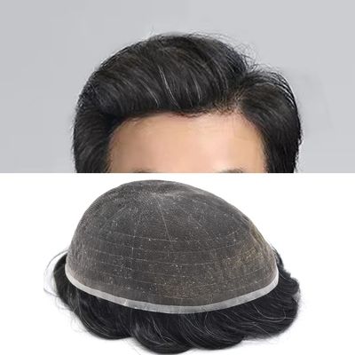 ApexToupees Toupee for Men Hair Systems Full French Lace Hairpiece for Mens Toupee Real Human Hair Replacement System Full Lace Mens Hairpieces 7X10-120% density #1B10 Off Black+10% Gray